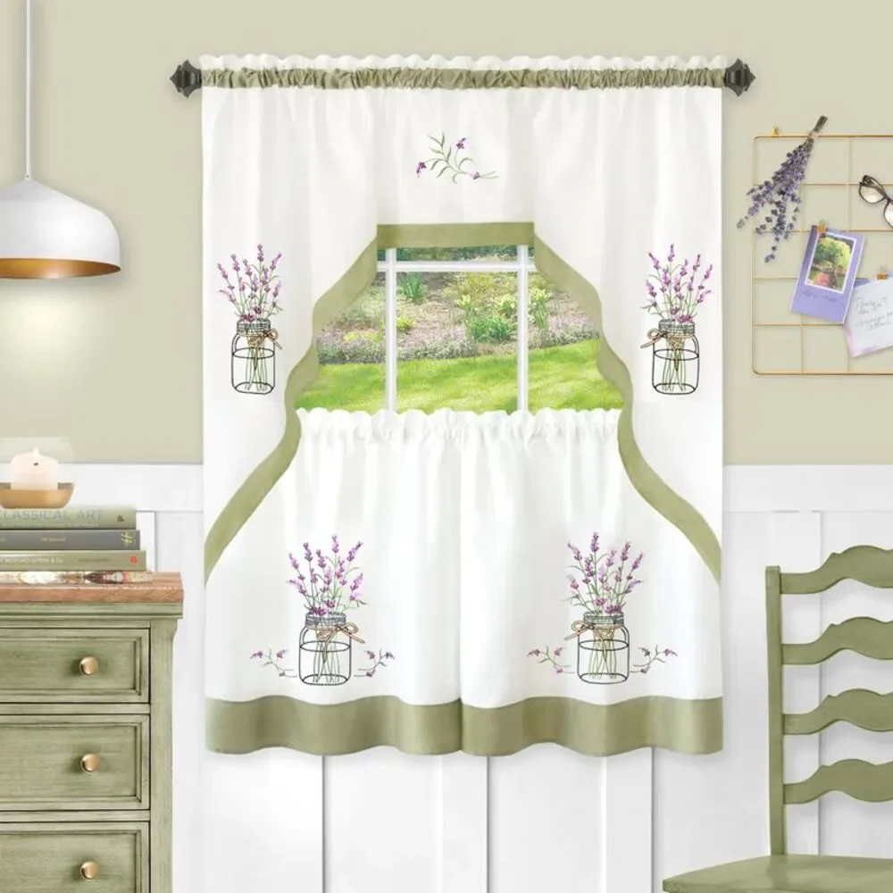 PowerSellerUSA Lavender Art Tier and Swag Window Curtain Set, Flower Design